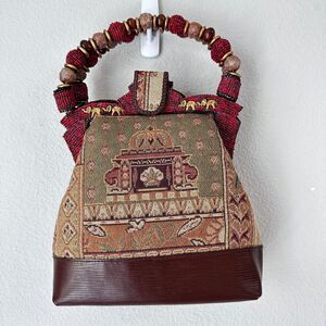 Mary Frances Brown Red Gold Beaded Top Handle Tapestry Elephant Handbag